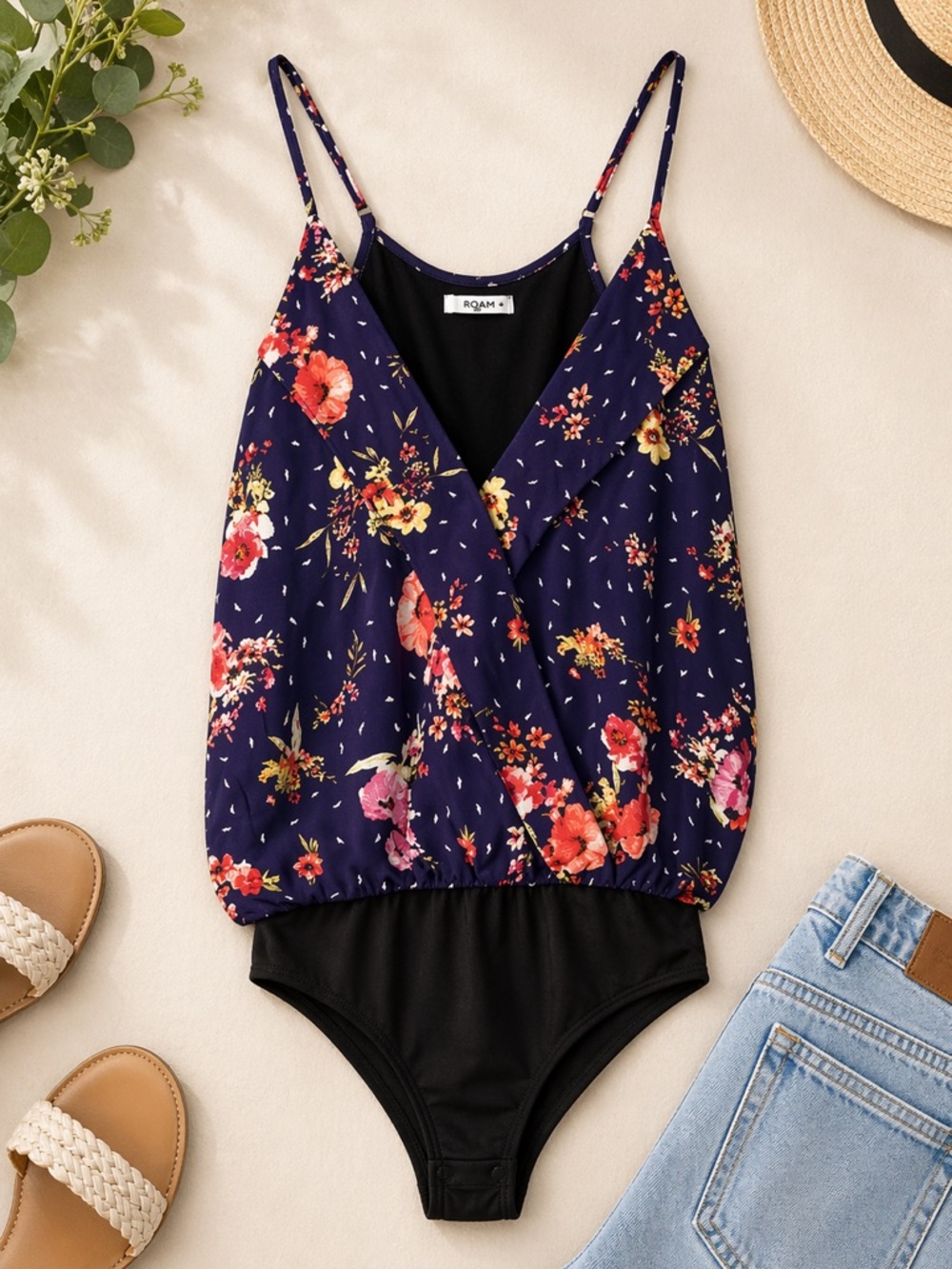 Roam Floral Print Bodysuit Size L Large Strappy Tank Top Blouse Good Condition